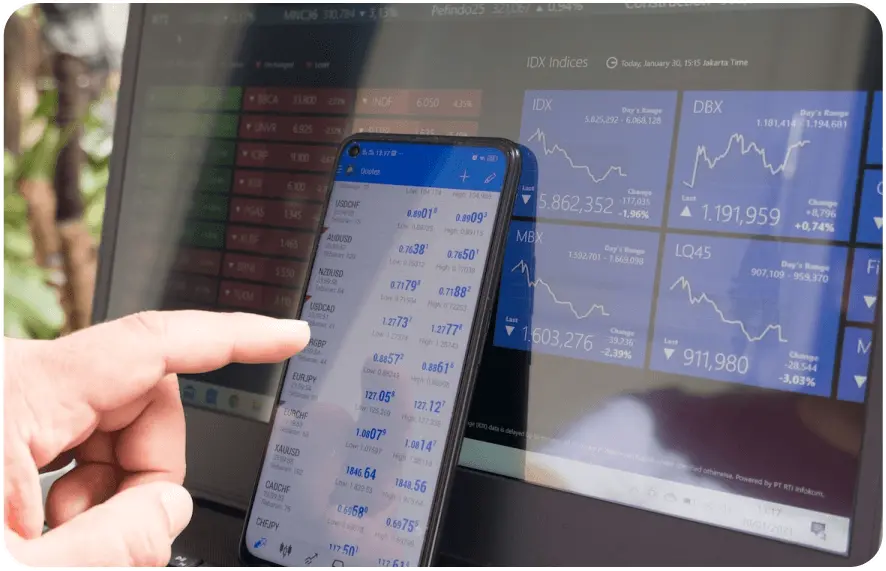 Mobile device displaying stock market interface, allowing users to monitor investments and make trades easily.
